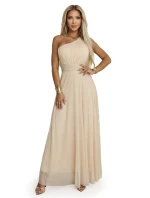 656-2 Dlouhé třpytivé večerní šaty na jedno rameno - šampaňsko-béžové