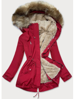 Červeno-tmavě béžová dámská zimní bunda s mechovitým kožíškem (W553)