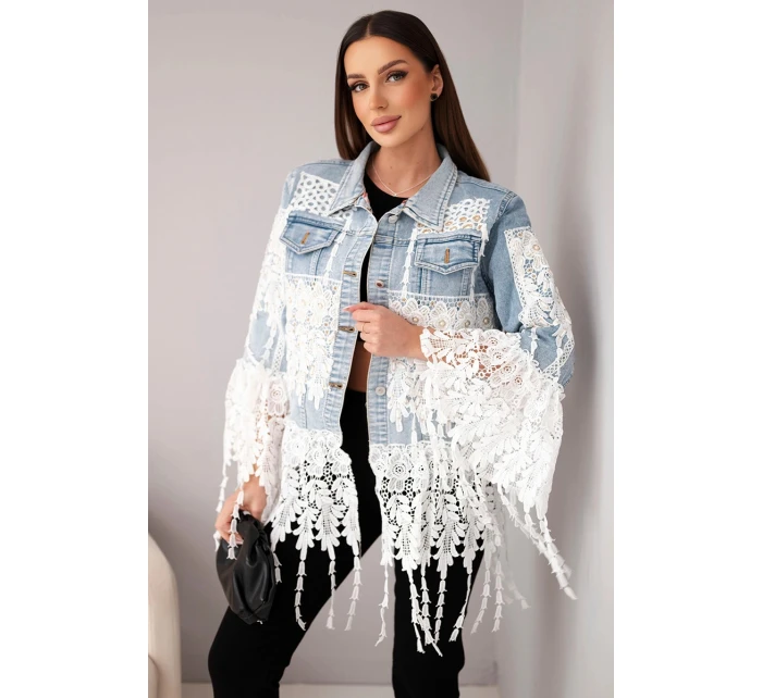 Dámská džínová bunda bavlněná s krajkou a třásněmi jasně džínová