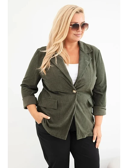 Dámské sako Plus Size manšestrové s klopami a kapsami khaki