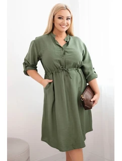 Dámské šaty z viskózy Plus Size s knoflíky a vázáním v pase khaki