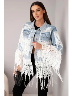 Dámská džínová bunda bavlněná s krajkou a třásněmi jasně džínová