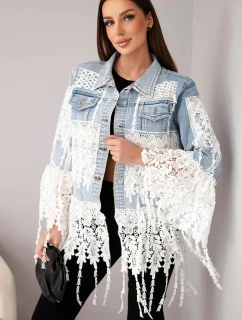 Dámská džínová bunda bavlněná s krajkou a třásněmi jasně džínová