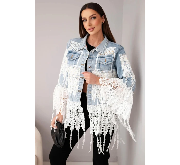 Dámská džínová bunda bavlněná s krajkou a třásněmi jasně džínová