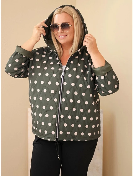 Dámská bunda Plus Size s kapucí v puntíky khaki