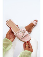 Lesklé dámské pantofle s růžovým zdobením
