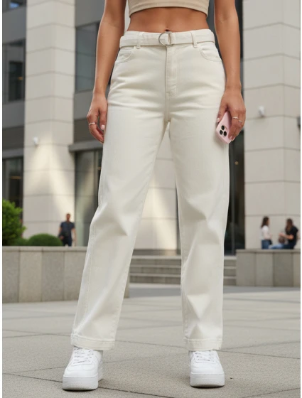 Dámské džíny regular fit s vysokým pasem a páskem krémové FashionStreet UY2914