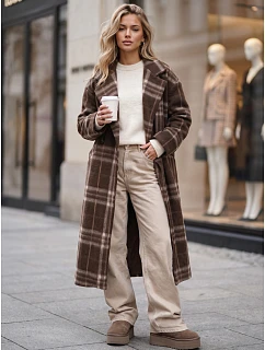 Płaszcz damski długi dwurzędowy z wełną w kratę brązowy FashionStreet NY0828