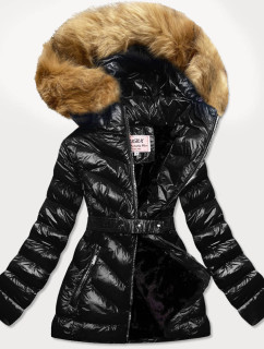 Černo-hnědá lesklá zimní bunda s mechovitou kožešinou (W673)