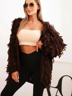 Dámský kardigan s třásněmi a volným střihem hnědý