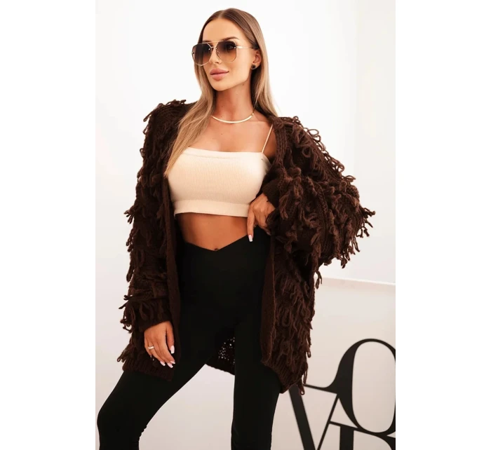 Dámský kardigan s třásněmi a volným střihem hnědý