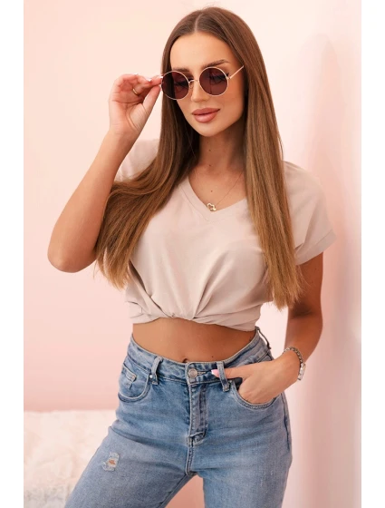 Dámská bavlněná blůza s výstřihem do V a krátkým rukávem béžová