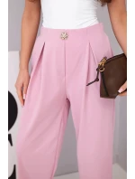 Dámské bavlněné kalhoty s vysokým pasem a ozdobným knoflíkem tmavě růžové
