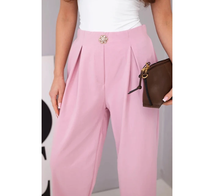 Dámské bavlněné kalhoty s vysokým pasem a ozdobným knoflíkem tmavě růžové