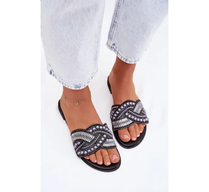 Ozdobené pantofle na nízkém podpatku Černé Dovima