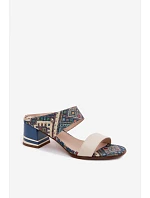 Kožené vzorované dámské sandály na podpatku Maciejka K7522-04 Béžovo-modré