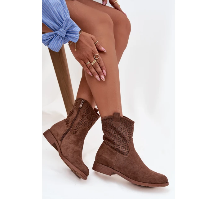 Dámské kotníkové boty na plochém podpatku s ažurovým vzorem S.Barski – hnědé Dámské kotníkové boty na plochém podpatku s ažurovým vzorem S.Barski – hnědé