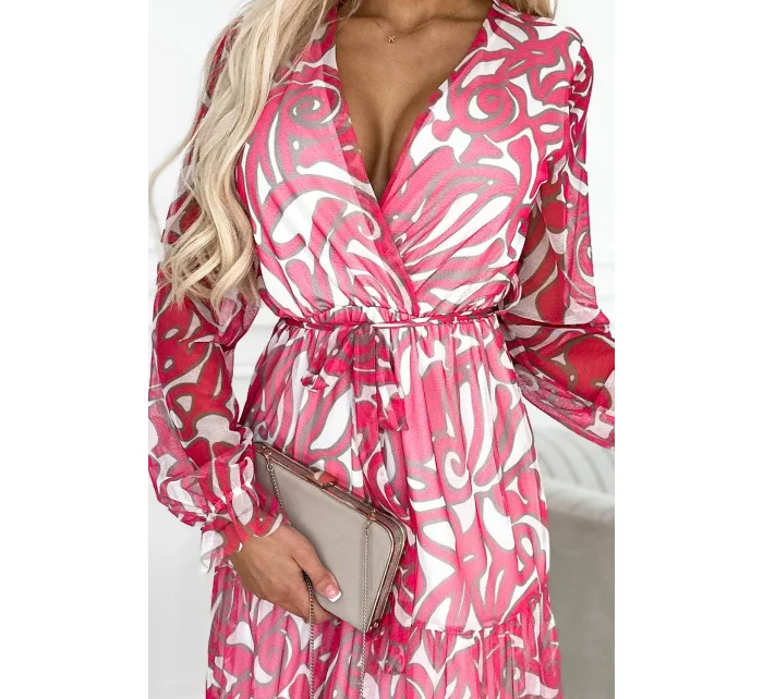 476-1 ENRICA Šaty s výstřihem a dlouhými rukávy - PINK WALES - síťovina