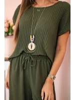 Viskózový komplet plisovaná halenka + kalhoty khaki Viskózový komplet plisovaná halenka + kalhoty khaki