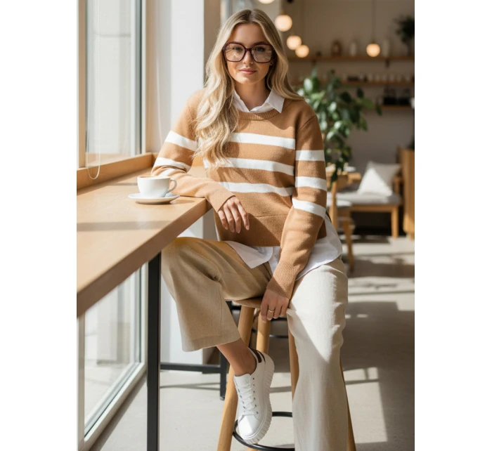 Dámský pruhovaný svetr ASTRIDA camel FashionStreet MY2226