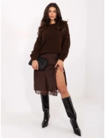 Hnědá saténová midi sukně s krajkou (3275)