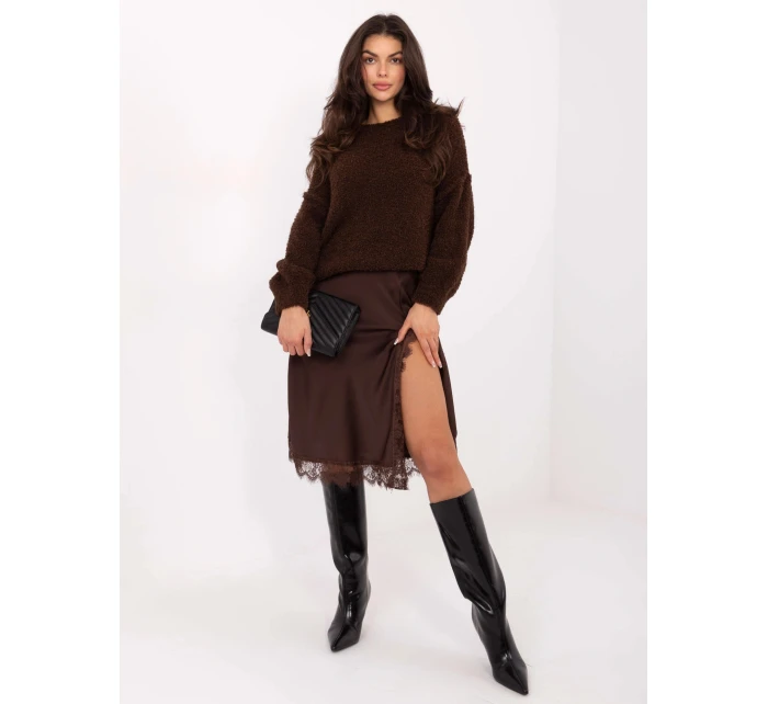 Hnědá saténová midi sukně s krajkou (3275)