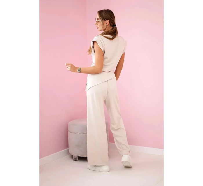 Komplet asymetrická halenka + kalhoty béžový