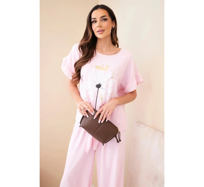 Dámský viskózový komplet s halenkou s potiskem a kalhotami cukrově růžová