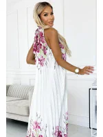 456-2 ESTER Plisované saténové maxi šaty - BÍLÉ S RŮŽOVÝMI KVĚTY