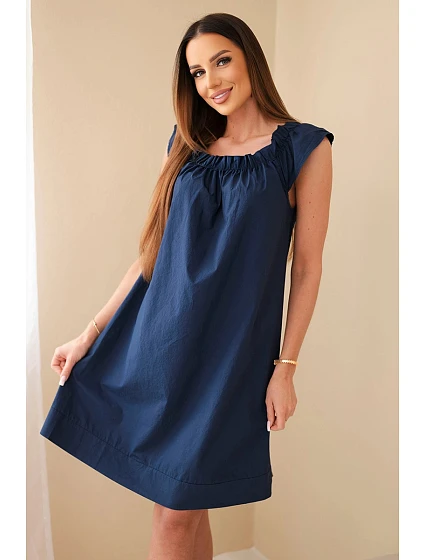 Dámské bavlněné šaty s řaseným výstřihem a volánkem námořnická modrá Dámské bavlněné šaty s řaseným výstřihem a volánkem námořnická modrá