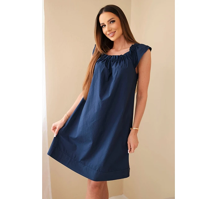 Dámské bavlněné šaty s řaseným výstřihem a volánkem námořnická modrá Dámské bavlněné šaty s řaseným výstřihem a volánkem námořnická modrá