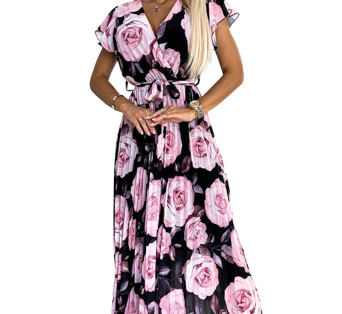 LISA - Plisované dámské midi šaty s výstřihem, volánky a se vzorem velkých růží na černém pozadí 434-3