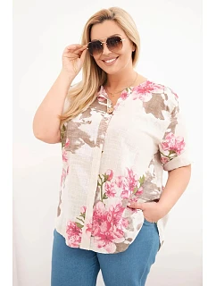 Dámská bavlněná halenka Plus Size s výstřihem do V s květinovým vzorem béžová