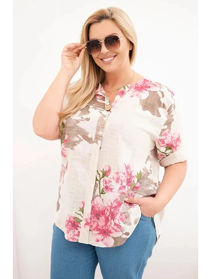 Dámská bavlněná halenka Plus Size s výstřihem do V s květinovým vzorem béžová