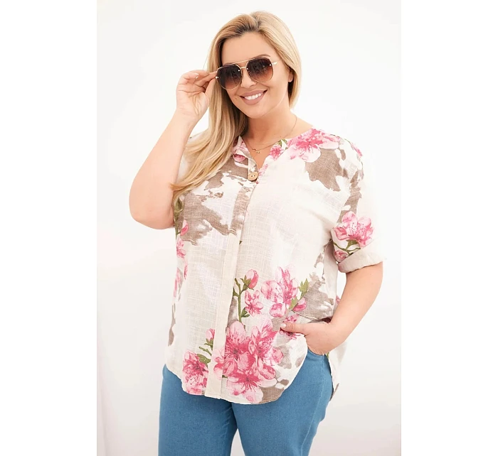 Dámská bavlněná halenka Plus Size s výstřihem do V s květinovým vzorem béžová