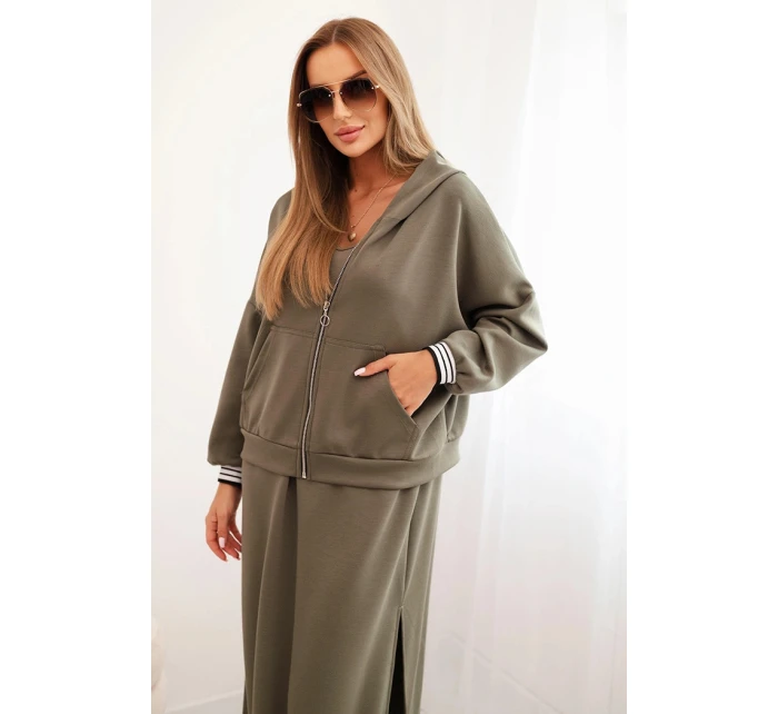 Dámský komplet s viskózou s rozepínací mikinou a dlouhou sukní khaki Dámský komplet s viskózou s rozepínací mikinou a dlouhou sukní khaki