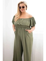 Dámský overal Plus Size s volánem a krátkým rukávem khaki
