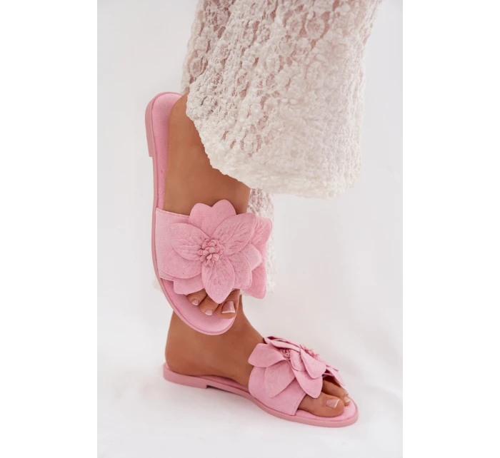Dámské ploché pantofle s ozdobnými květinami Růžové Elzoria