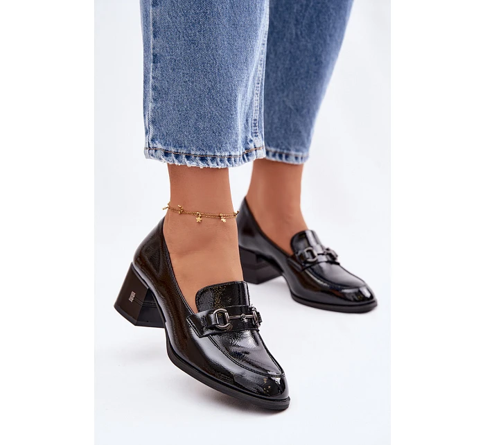 Kožené lakované dámské lodičky na podpatku Vinceza 18116 Černé