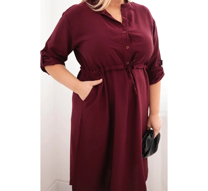 Dámské šaty z viskózy Plus Size s knoflíky a vázáním v pase bordová