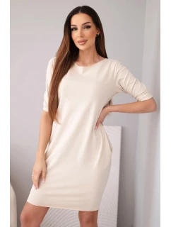 Dámské bavlněné šaty s 3/4 rukávem a kapsami béžové