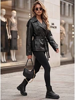 Dámská dvouřadá bunda z ekokůže s páskem, černá, FashionStreet TY5911 Dámská dvouřadá bunda z ekokůže s páskem, černá, FashionStreet TY5911
