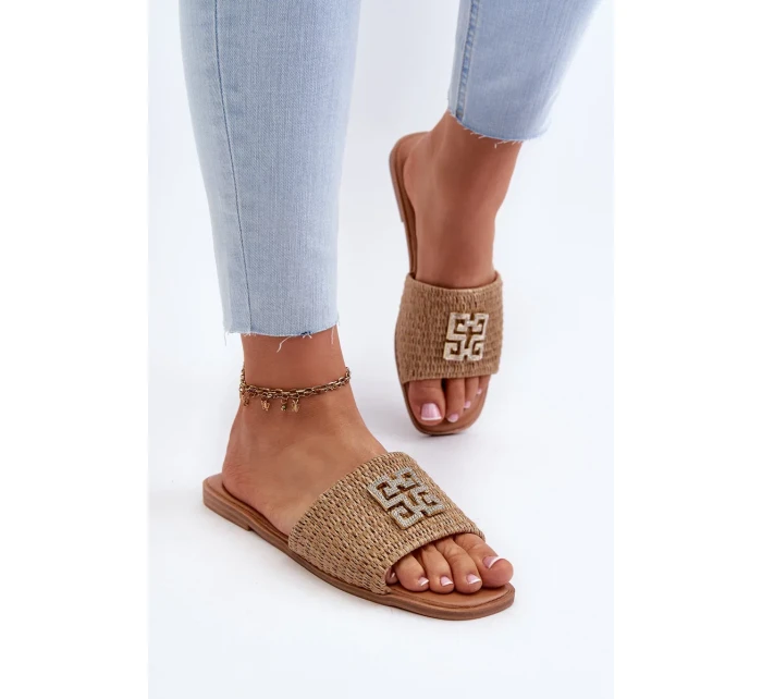 Dámské ploché pantofle s prýmkem a zdobením, Béžová Omenna Dámské ploché pantofle s prýmkem a zdobením, Béžová Omenna