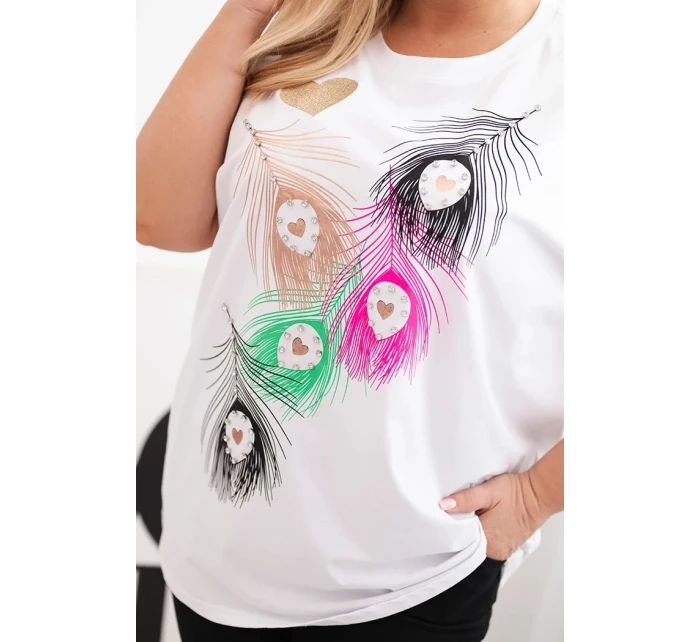 Dámská bavlněná halenka Plus Size s motivem peří bílá + růžová