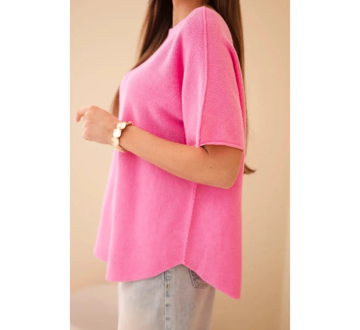 Dámský svetr s krátkým rukávem volného střihu světle růžový