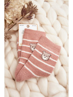 Dámské teplé pruhované ponožky s medvídkem, růžové