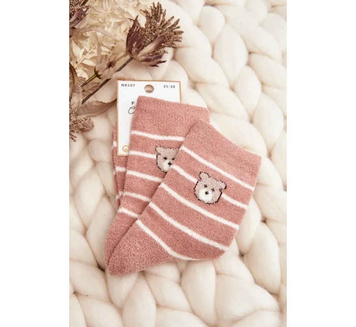Dámské teplé pruhované ponožky s medvídkem, růžové