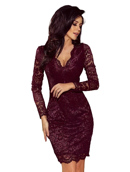 Dámské krajkové šaty v tmavě barvě s dlouhými rukávy a výstřihem model 22124188 - numoco