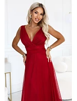 687-2 Elegantní maxi šaty s výstřihem do V a odhalenými zády – světle vínová