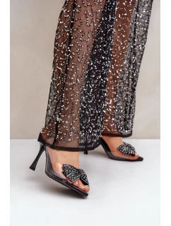 Průhledné Sandály Na Jehlovém Podpatku S Lesklou Mašlí Černé Viosta